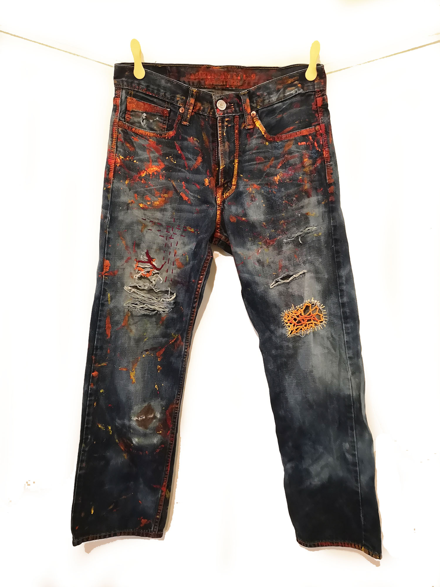 Hand Painted Jeans, Abstract face, Patched Denim